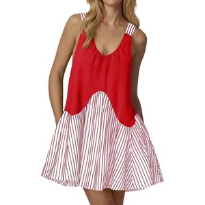Womens Sleeveless Mini Dress Red Striped <b>Patchwork</b> A Line Casual Summer Dress with Pockets - Product Image 1