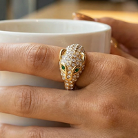 Bague pour femme, design tête de léopard, pierre précieuse verte, yeux en strass, plaqué or 24 carats, acier inoxydable 316L, fabrication