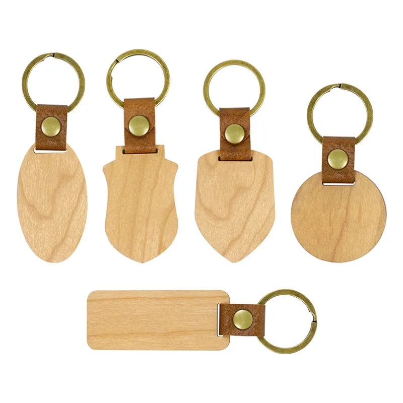 Promotional Gift Round Wooden Keychain PU Leather Koa Wood Car Key Chain Keyrings Luggage Tags