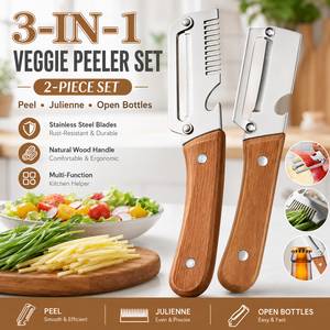 Lot de 2 <span class=keywords><strong>éplucheur</strong></span>s de légumes multifonctions en gros avec manche en bois et coupe-juliennes en acier inoxydable - Product Image 1