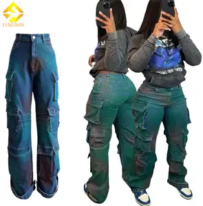 Pantalones vaqueros con bolsillos Vintage para mujer, ropa de calle informal holgada, pantalones vaqueros rectos combinados con botones de cintura alta Y2K, 2024