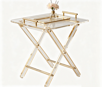 Table d'appoint pliable en acrylique transparent de luxe sur mesure avec bordure dorée et poignée, plateau de service amovible