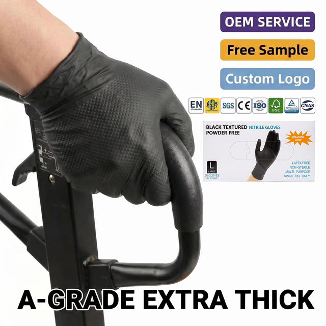 High Grip Disposable 10 Mil Black Diamond Texture Nitrile Gloves Soft Waterproof Powder Free Durable for Industrial Workshop Use