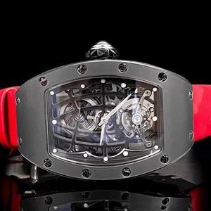 Reloj Mecánico de Lujo Tonneau Tourbillon con Esfera de Diseño Hueco, Caja Gris y Correa de Goma Roja - Product Image 4