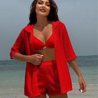 Dames Zomer Vierdelige Strandkleding Cover-Up Badpak Outfit Pure Mesh Shirt En Shorts Bikiniset