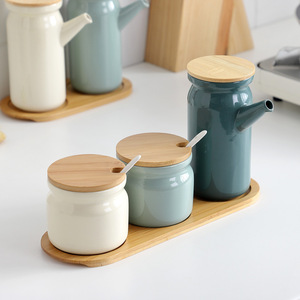 Set di bottiglie di olio e aceto in ceramica da cucina dal Design semplice/Set di vasetti di spezie in ceramica con coperchio in bambù - Product Image 4