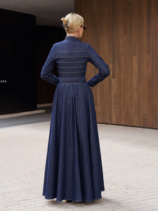 Vendita calda Maxi abito in <span class=keywords><strong>Denim</strong></span> da donna collo alto manica lunga con cintura a vita alta con bottone frontale Modulare svasato abito elegante - Product Image 3