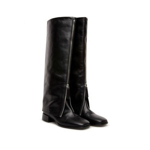 Front Zipper Overlay Black <b>Boots</b> Low Square Heel Women's Knee High <b>Boots</b> Genuine Leather Upper Daily Leisure Size 10.5 - Product Image 3