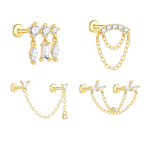 Pendientes de Plata Sólida S925 con Borla Geométrica, Cadena y Zirconia, con Cierre de Rosca Plano, Diseños Variados - Product Image 1