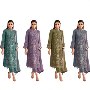 ชุดสาหรี่กะมีซผ้าจอร์เจียต์เทียมแบบดั้งเดิมสำหรับผู้หญิง เหมาะสำหรับงานแต่งงานและงานปาร์ตี้ ชุดสไตล์ปากีสถานสำหรับเทศกาลวันอีด - Product Image 1