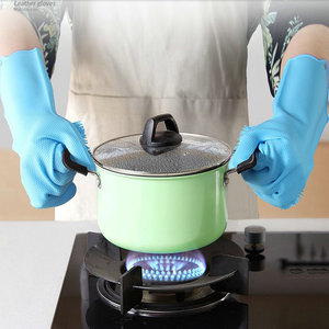 100% silicona de grado de alimentos de goma resistente al calor cepillo guantes de <span class=keywords><strong>horno</strong></span> de la cocina guantes de limpieza - Product Image 3
