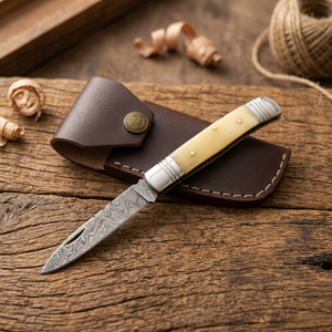 Handcrafted Damascus Steel Folding <b>Knife</b> <b>Bone</b> <b>Handle</b> Straight Edge Drop Point Blade 3 Blades Slide Open Pocket <b>Knife</b> - Product Image 4