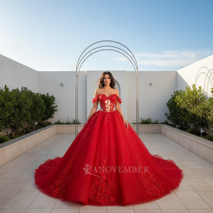 <b>Red</b> Ball Gown Wedding Dress Plus Size Bridal Gown Dy20259-2 - Product Image 1