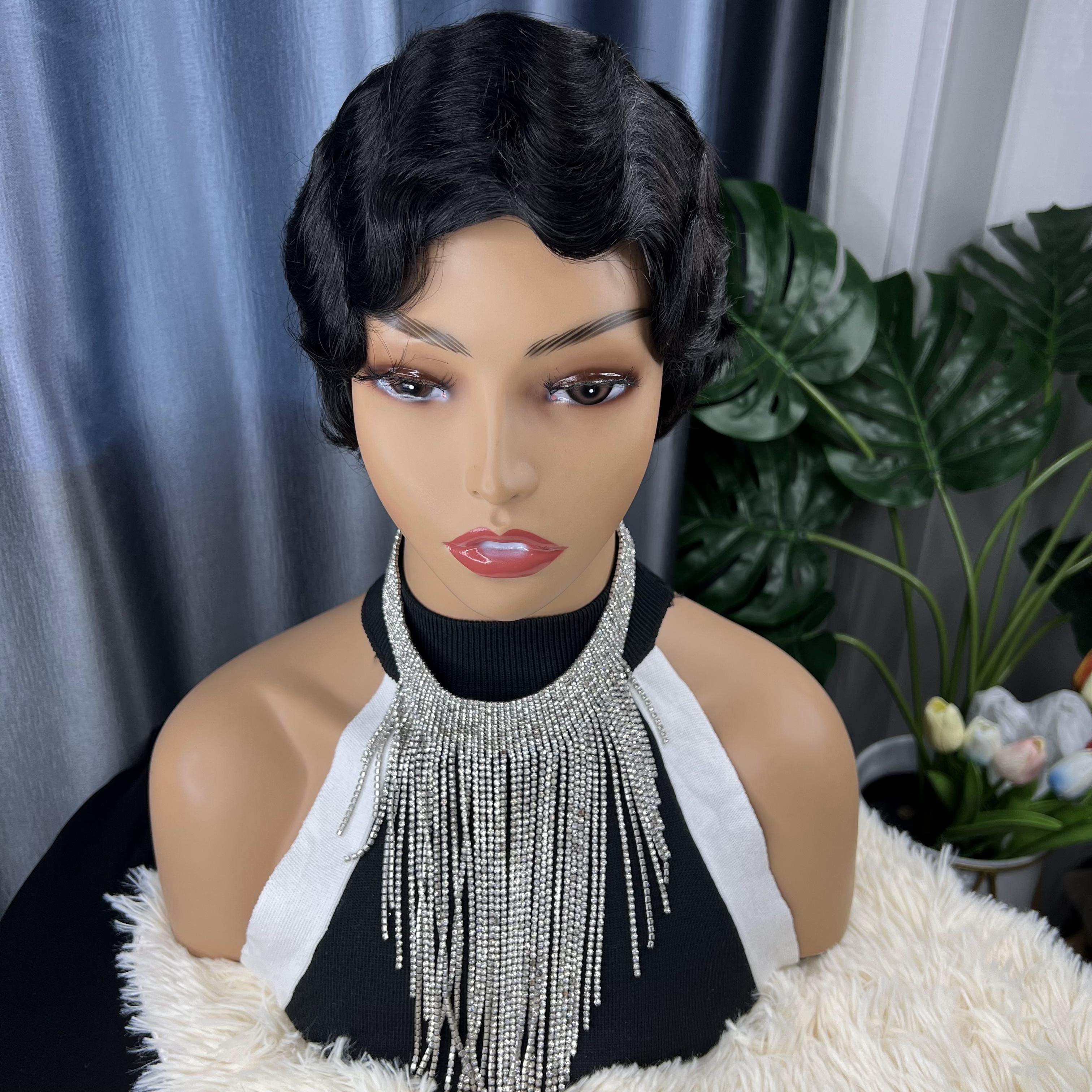 wig short finger wave human hair for women brown short ocean wave pixie cut natural color