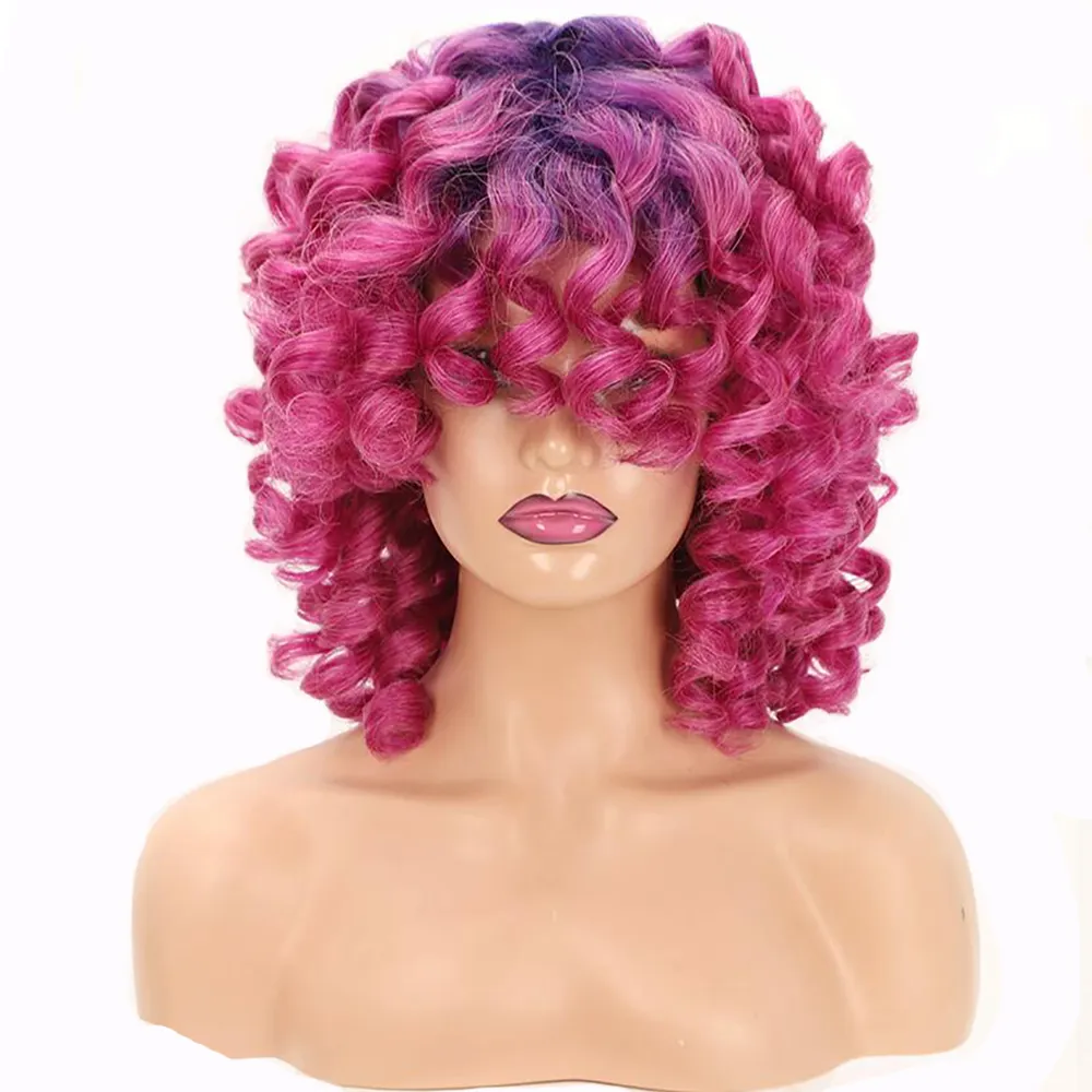 Wholesale African Women Synthetic Wigs Cosplay Or Party Use Blue Ombre Purple Color Natural Bouncy Curly Short Shoulder Hair Wig