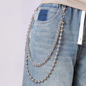 Double Layered <b>Trouser</b> <b>Chain</b> Silver Bead Denim Waist <b>Chain</b> For Men's Jeans Hip Hop Style Straight Leg Pants Accessory - Product Image 1