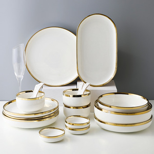 Service de Table en <span class=keywords><strong>Porcelaine</strong></span> Luxe Blanc à Bordure Dorée, Bol à Riz et Assiette Dorée Style Nordique Céramique <span class=keywords><strong>Moderne</strong></span> - Product Image 4