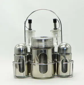 Juego de cruet de cristal S/5, con soporte de metal y acero inoxidable