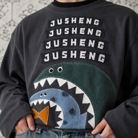 T-shirt Homme Oversize à Manches Longues avec Appliqué Requin, Coupe Courte, Épaules Tombantes, Bords Bruts, en Coton Tricoté Effet Vieilli, Style Streetwear