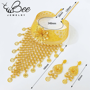 Luxury Gold Color Indian Bridal Jewelry Set Hollow Tassel Flower Long Bib Necklace Earrings Sets For Wedding - Product Image 6