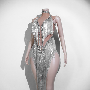 Combinaison à franges en strass argenté métallisé Ice Queen pour spectacle de scène, showgirl, diva, drag queen, disco, rave, costume de danseuse - Product Image 3