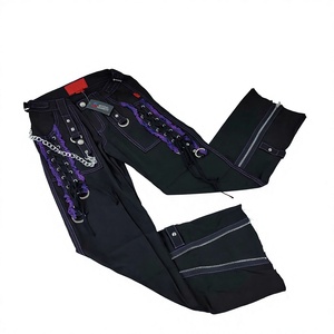 <b>Men's</b> <b>Black</b> Purple Punk Gothic Lace Up Wide Leg <b>Pants</b> Chain Zipper Rock Trousers - Product Image 1