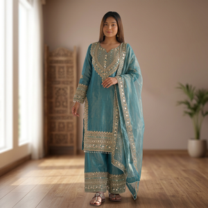 TENNYC Nuevo Conjunto de Traje de Seda de 3 Piezas con Bordado de Diseño y Encaje para Boda o Diwali - Secado Rápido, Elástico y Sin Arrugas - Product Image 1