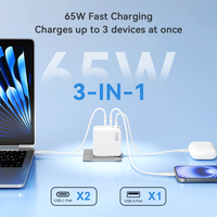 Chargeur GaN 65W, 3 ports USB C, 65W PD QC, adaptateur mural de charge rapide, prise EU, station de charge rapide multi-appareils pour ordinateur portable, téléphone