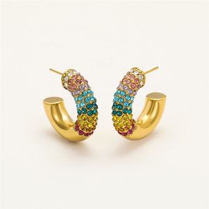 Boucles d'oreilles clous géométriques en forme de C en acier inoxydable tendance européen et américain, couleur zircon, couleur or haut de gamme, pour femmes, anniversaire - Product Image 5