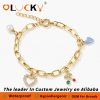 Fabricant de bijoux personnalisés LUCKYJIU, bracelet en acier inoxydable imperméable plaqué or 18 carats avec plusieurs breloques, perle, cœur, cerise pour femmes