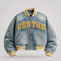 Veste universitaire personnalisée en coton denim délavé, broderie de lettres vieillies, veste de baseball vintage oversize pour homme