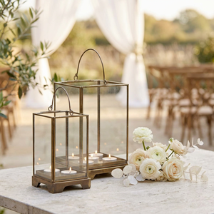 Wholesale Square Modern Brass Metal Frame Clear Glass Hurricane Candle Holders for Weddings Decoration - Product Image 4