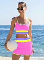 Nouvel ensemble de jupe cache-cœur trois pièces taille haute pour femme, bikini color-block avec bords festonnés, en polyester/nylon très élastique