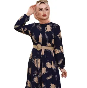 时尚开衫打褶简单缎面abaya制造商在线销售hijau pesta穆斯林印花连衣裙
