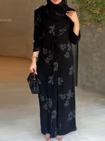 Abaya à imprimé floral, ensemble 1 pièce, kimono ouvert sur le devant avec ceinture à nouer pour femmes musulmanes, vêtements islamiques