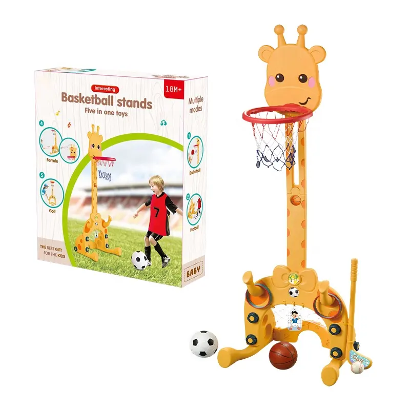 Multifunctionele Peuters Verstelbare Basketbalstandaard 5 In 1 Voetbal Golfring Toss Spel Set Basketbal Hoepel Indoor Sport Speelgoed