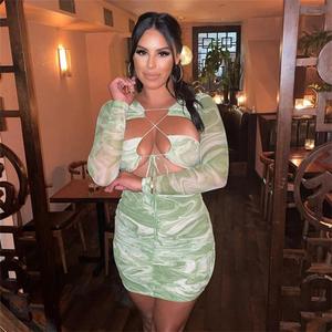 Vestido plisado con cordones de corte cruzado de manga larga estampado nuevo Ins - Product Image 3