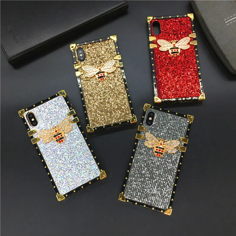 Luxury Brand Bee Case for iPhone 11 XS Max 12 PRO X XR 6 6S Plus Square Glitter Cover Phone Cases for iphone 13 PRO MAX 7 8 Plus