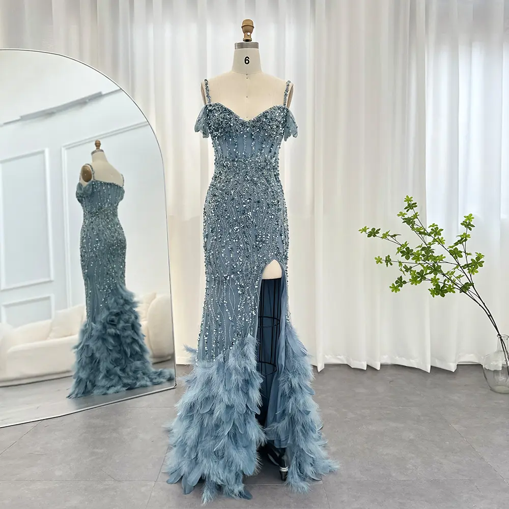 Vestidos de fiesta de plumas de sirena rosa de lujo para mujer, vestido de noche de boda, verde, negro, azul, 2023,