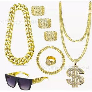 Men's Hip Hop Punk Gold Jewelry <b>Set</b> Necklace Ring <b>Bracelet</b> Glasses Party Costume Accessory Zinc Alloy Letter Design - Product Image 1
