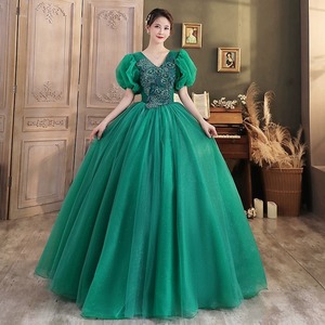 V-neck Chiffon Ball Gown Empire Waistline Vintage Evening Dress For Women Dark Green And Red Long Puffy Skirt Performance Wear - Product Image 1