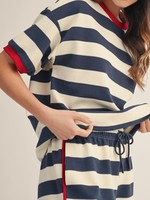 Ensemble décontracté pour femmes en gros personnalisé, tricot rayé 100% coton, sweat-shirt à manches courtes et col rond, short de genou respirant