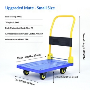 Blue Plastic Platform Hand <b>Cart</b> with Four Wheels and Yellow Handle Portable Cargo Trolley - Product Image 2