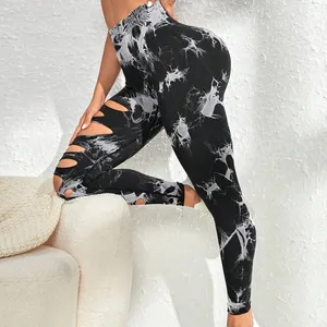 Más populares de cintura alta Fitness Sexy Hollow Yoga Tught Tie Dye Custom Yoga Leggings Butt Lift Pants para mujeres