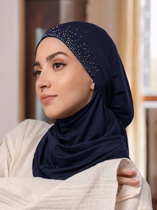 Rhinestone Embellished <b>Tie</b> <b>Back</b> Hijab Cap Crystal Linen Simple Headscarf Hat Ethnic Style Headwear Instant Hijab Caps - Product Image 6