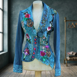 2024 Contrast Chic Buttons Women's Vintage <b>Patchwork</b> Guipure Lace Bowknot Design Asymmetric Loose Long Sleeve Jacket - Product Image 2