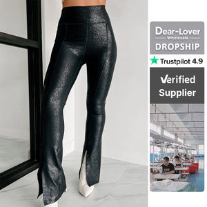 Dear-Lover OEM ODM Logo personnalisé taille haute Faux <span class=keywords><strong>cuir</strong></span> <span class=keywords><strong>fendu</strong></span> évasé Workou Fitness collants de sport Leggings de gymnastique pour les femmes - Product Image 1