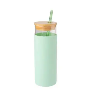 Nhà Máy Cung Cấp Amazon Hot 20Oz Borosilicate Glass Tumbler Chai Nước Thủy Tinh Với Rơm Silicone Tay Áo Tre Nắp