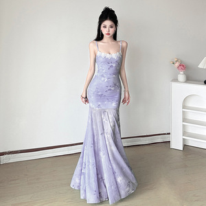 French Style Light Blue Floral Print Mesh Suspender Dress Women Natural Waist Sweetheart Neckline Fishtail Bodycon Maxi Evening - Product Image 1