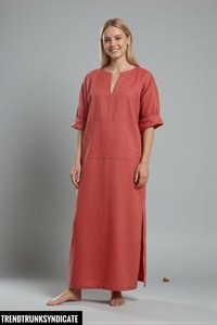 Caftán Maxi Rojo de Lino y Algodón para Mujer, Corte Regular, Cuello en V, Ecológico, Transpirable, Estilo Línea A, para Fiestas - Product Image 6